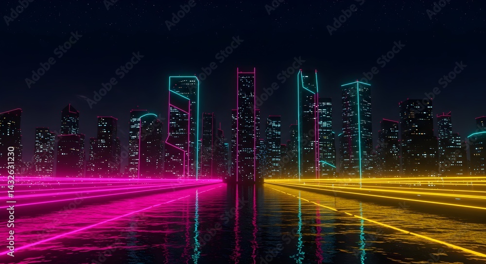 Neon-lit cityscape at night. Vibrant pink and yellow lights illuminate the futuristic skyline, reflecting on the water.