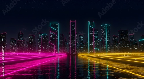 Obraz na płótnie Neon-lit cityscape at night. Vibrant pink and yellow lights illuminate the futuristic skyline, reflecting on the water. w salonie