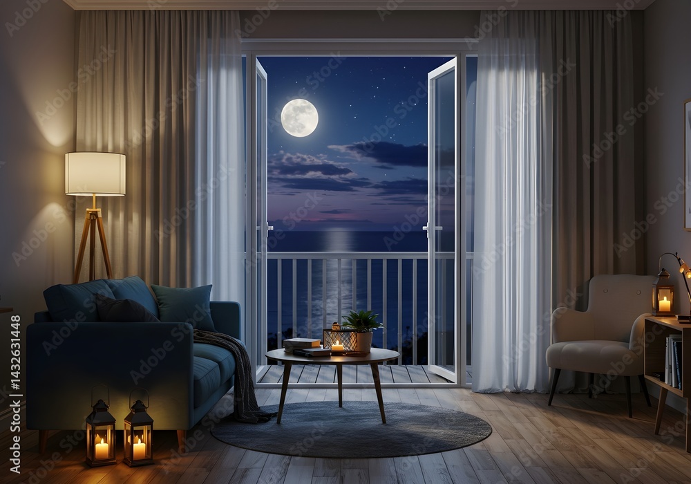 Serene night scene: a living room with open doors revealing a full moon over the ocean. Soft lighting and cozy furniture create a calming atmosphere.