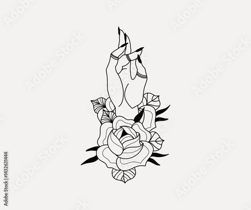hand drawn tattoo oldschool with hand and roses vector