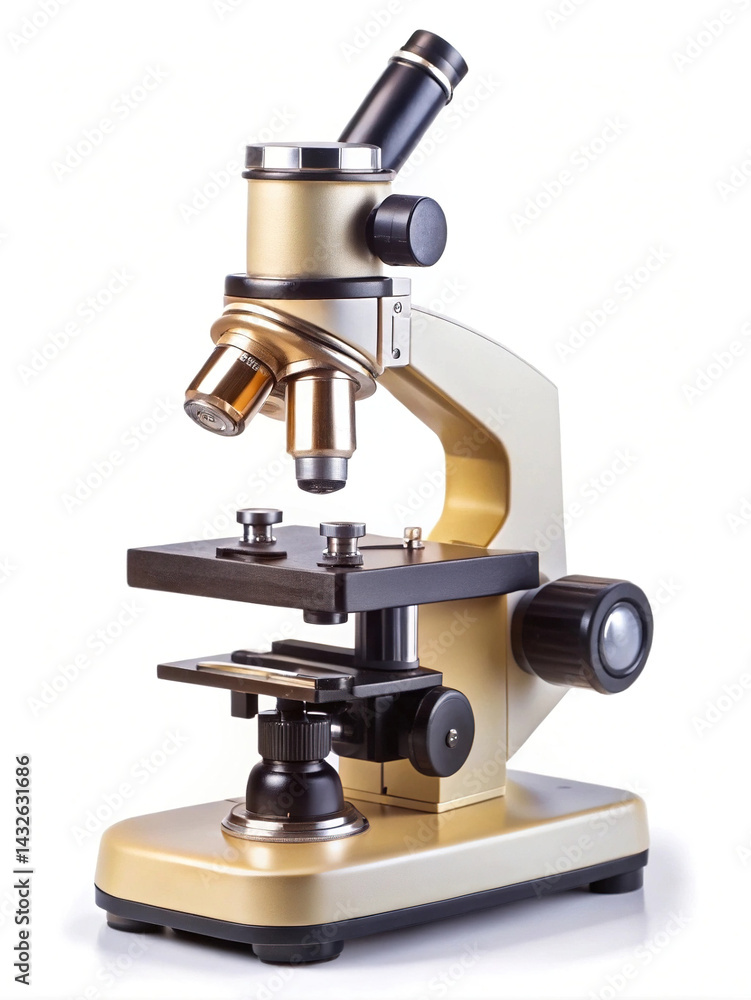 A goldencolored microscope against a white backdrop offering a closeup view A goldencolored microscope against a white backdrop offering a closeup view