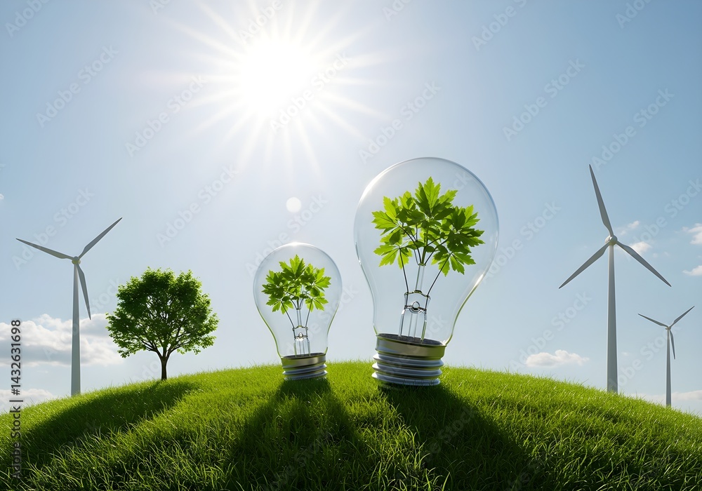 Green energy concept: Two light bulbs with plants inside sit on a grassy hill, with wind turbines in the background. A symbol of sustainable living.