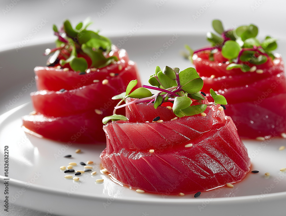 Thunfisch-Sashimi-Kreise mit frischen Kräutern garniert auf weißem Teller