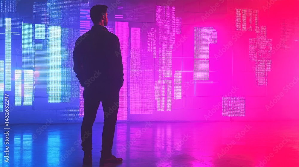 Silhouette of a Man Contemplating Futuristic Data Streams in a Neon-Lit Room Silhouette of a Man Contemplating Futuristic Data Streams in a Neon-Lit Room