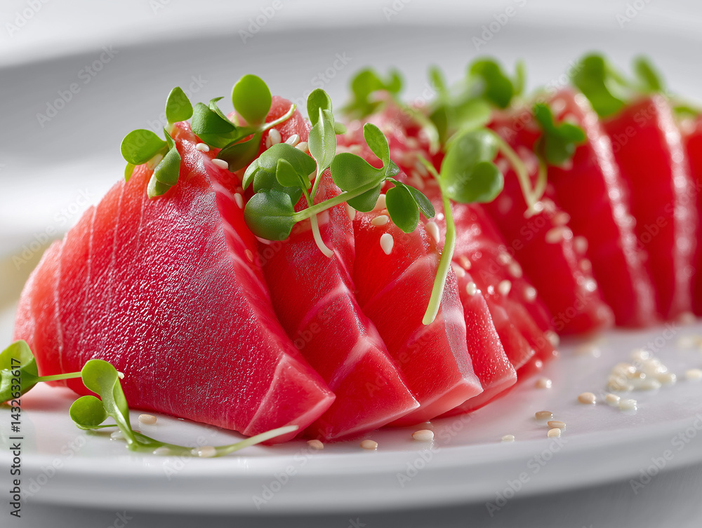 Thunfisch-Sashimi-Kreise mit frischen Kräutern garniert auf weißem Teller
