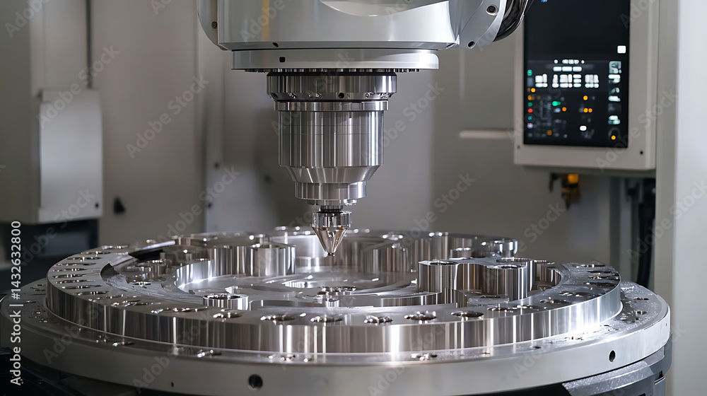 A robotic arm assembling metal components using a CNC milling machine, automated workshop with digital control panels, clean industrial space A robotic arm assembling metal components using a CNC milling machine, automated workshop with digital control panels, clean industrial space