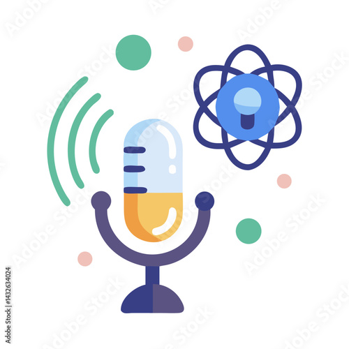 Science podcast vector illustration, broadcasting microphone with atom icon