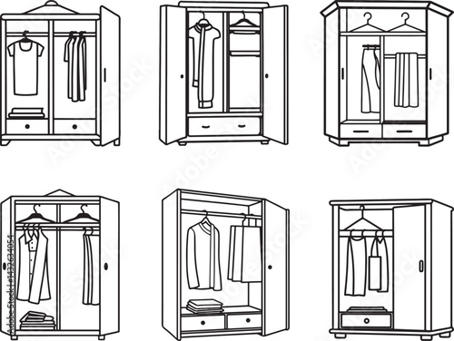 Wallpaper Mural set of clothing storage wardrobe open closet line art, black outline, vector and illustration, coloring book page line art drawing Torontodigital.ca