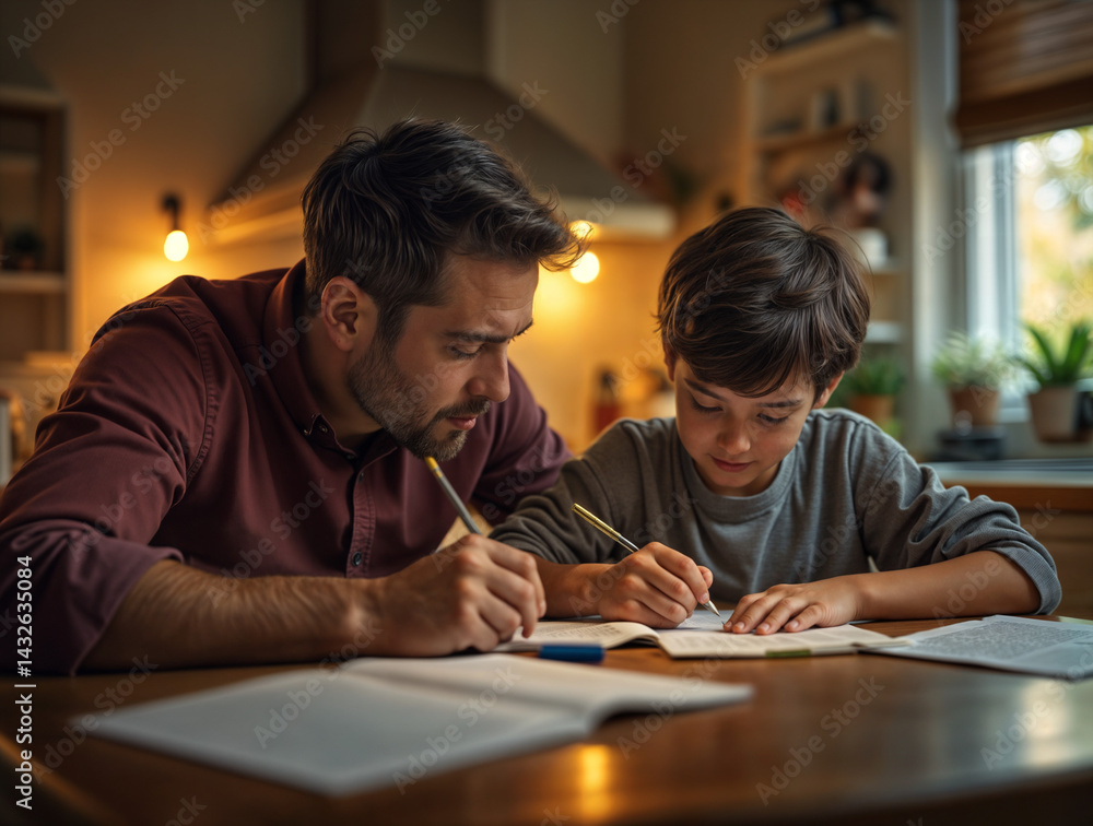 In the image, a man and a boy are sitting at a table, both engaged in writing or doing homework