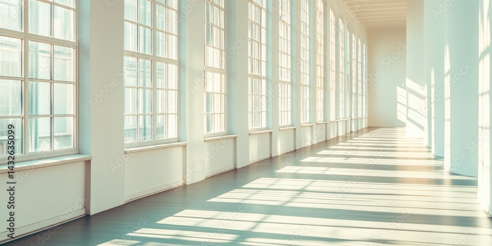 Obraz premium Sunlit Gallery Corridor: Architectural Photography of a Bright, Empty Space with Numerous Windows