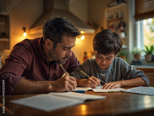 Obraz na płótnie In the image, a man and a boy are sitting at a table, both engaged in writing or doing homework w salonie