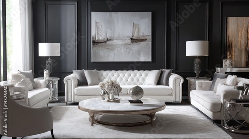 Wallpaper Mural Elegant living room, white sofa, marble table, seascape art, modern design, interior design inspiration Torontodigital.ca