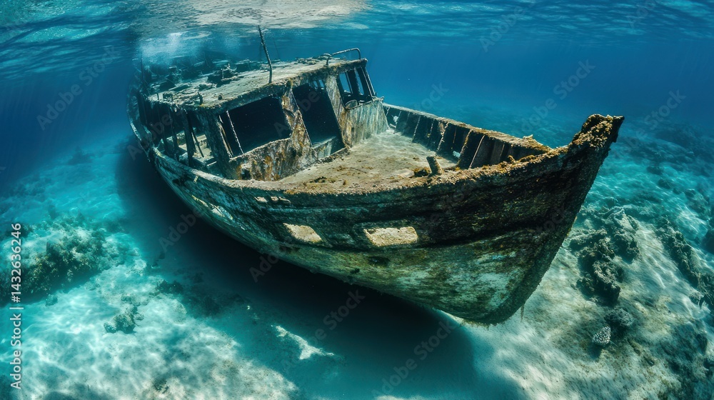 Sunken shipwreck rests on ocean floor, coral reef background; underwater photography Sunken shipwreck rests on ocean floor, coral reef background; underwater photography