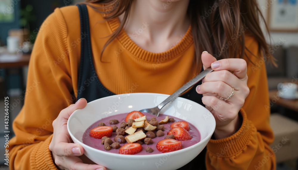 Woman eating smoothie bowl with strawberries indoors
Woman eating smoothie bowl with strawberries indoors