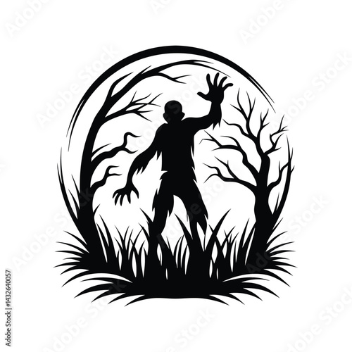 Black Silhouette of Undead Zombie Monster with Spiked Body, Sharp Teeth and Claws