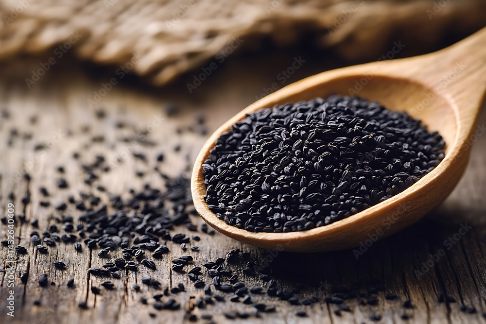 Closeup of Black Seeds in Wood Spoon on Rustic Grainy Wood Surface Still Life Closeup of Black Seeds in Wood Spoon on Rustic Grainy Wood Surface Still Life
