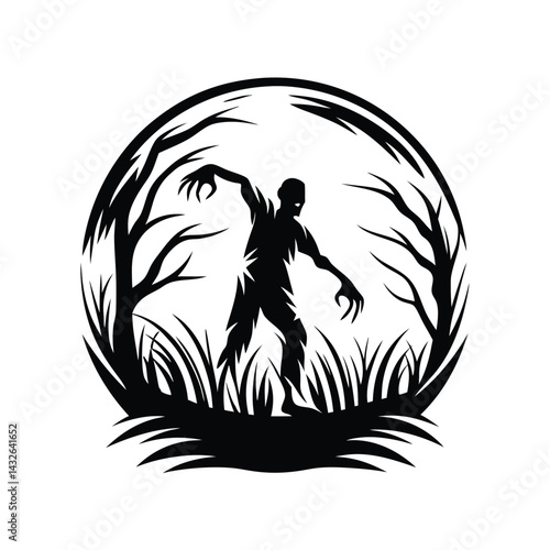 Black Silhouette of a Zombie Crawling, Hands Raised, Sharp Features, Horror Theme