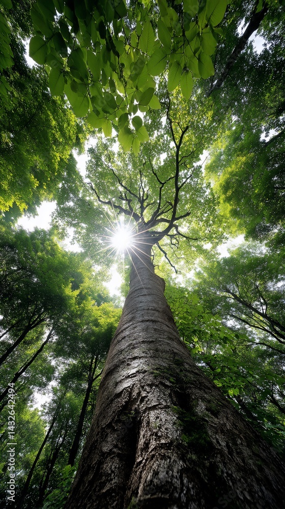 Fototapeta premium Sunlight filtering through dense forest canopy, highlighting a towering tree trunk