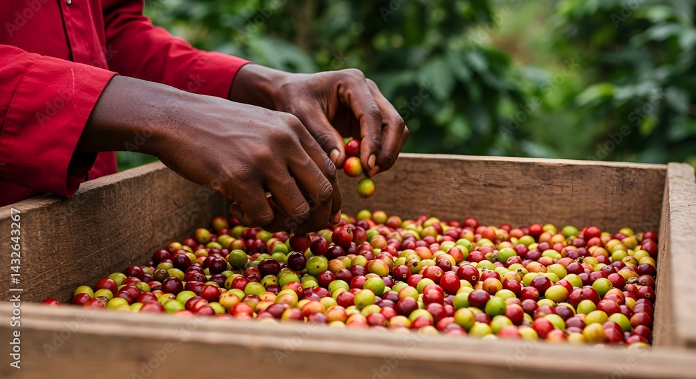 Close-up of a person's hands carefully sorting ripe coffee cherries into a wooden crate. The rich colors and textures tell a story of agricultural labor and the journey from bean to cup.