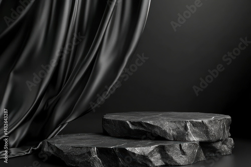 Elegant black curtain with stone platform in dramatic lighting. Dark background