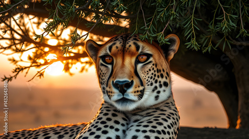 A close-up portrait of a cheetah resting under an acacia tree.