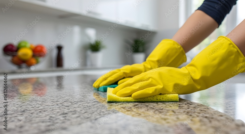 Person in yellow gloves cleaning a kitchen counter with a sponge. Maintaining a clean and hygienic kitchen.
