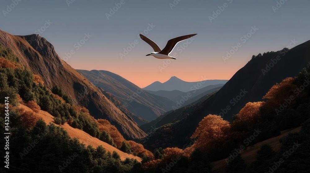 Naklejka premium Majestic seabird soaring through a scenic mountain valley at dawn.