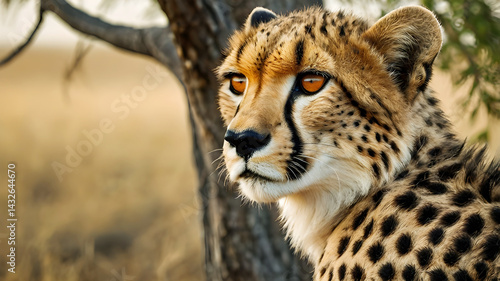A close-up portrait of a cheetah resting under an acacia tree.