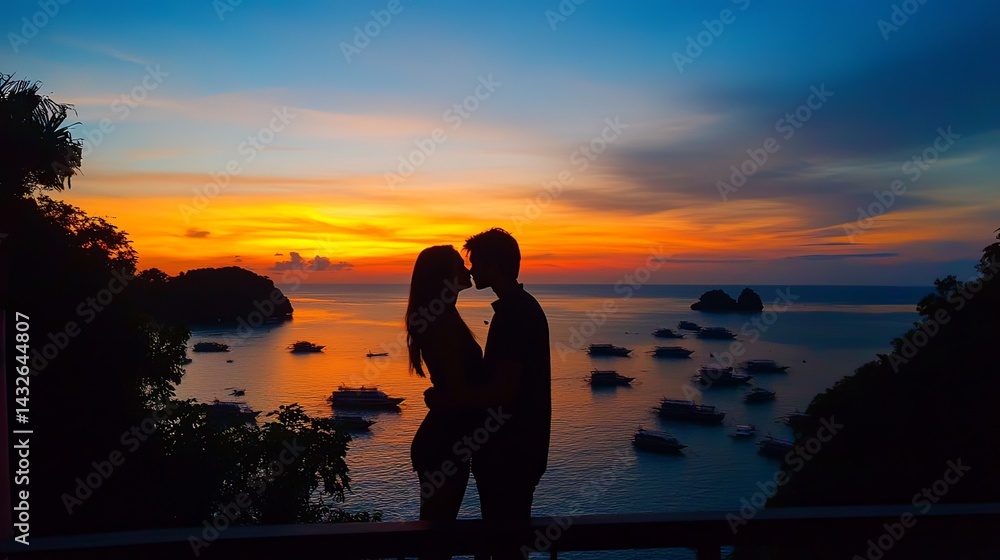 Fototapeta premium Romantic sunset kiss beachside location love story serene environment silhouette viewpoint passionate concept for seo