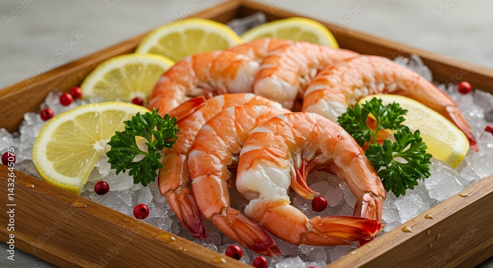 Succulent shrimp on ice, garnished with lemon slices and parsley. A refreshing seafood platter, perfect for a summer meal.