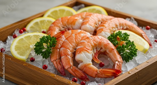 Obraz na płótnie Succulent shrimp on ice, garnished with lemon slices and parsley. A refreshing seafood platter, perfect for a summer meal. w salonie