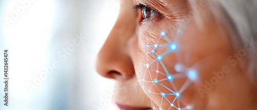 Elder woman's profile with digital network overlay on face
