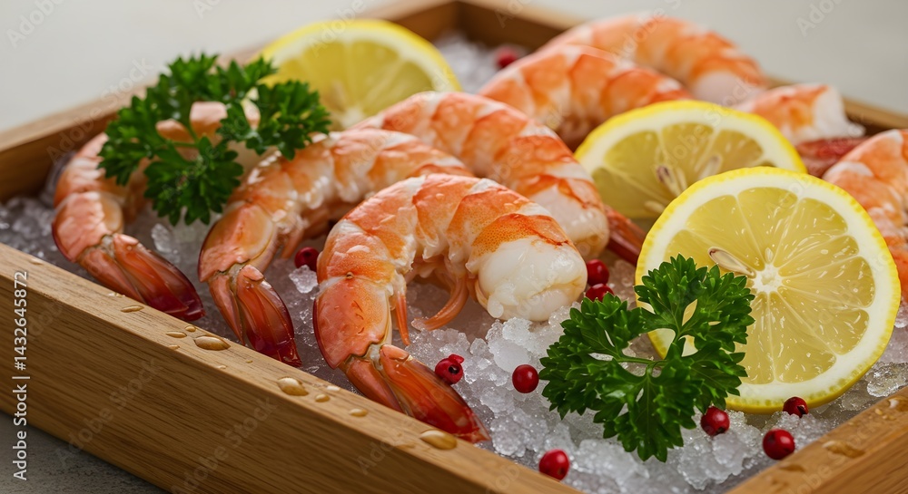Succulent shrimp on ice, garnished with lemon slices and fresh parsley. A delectable seafood platter.