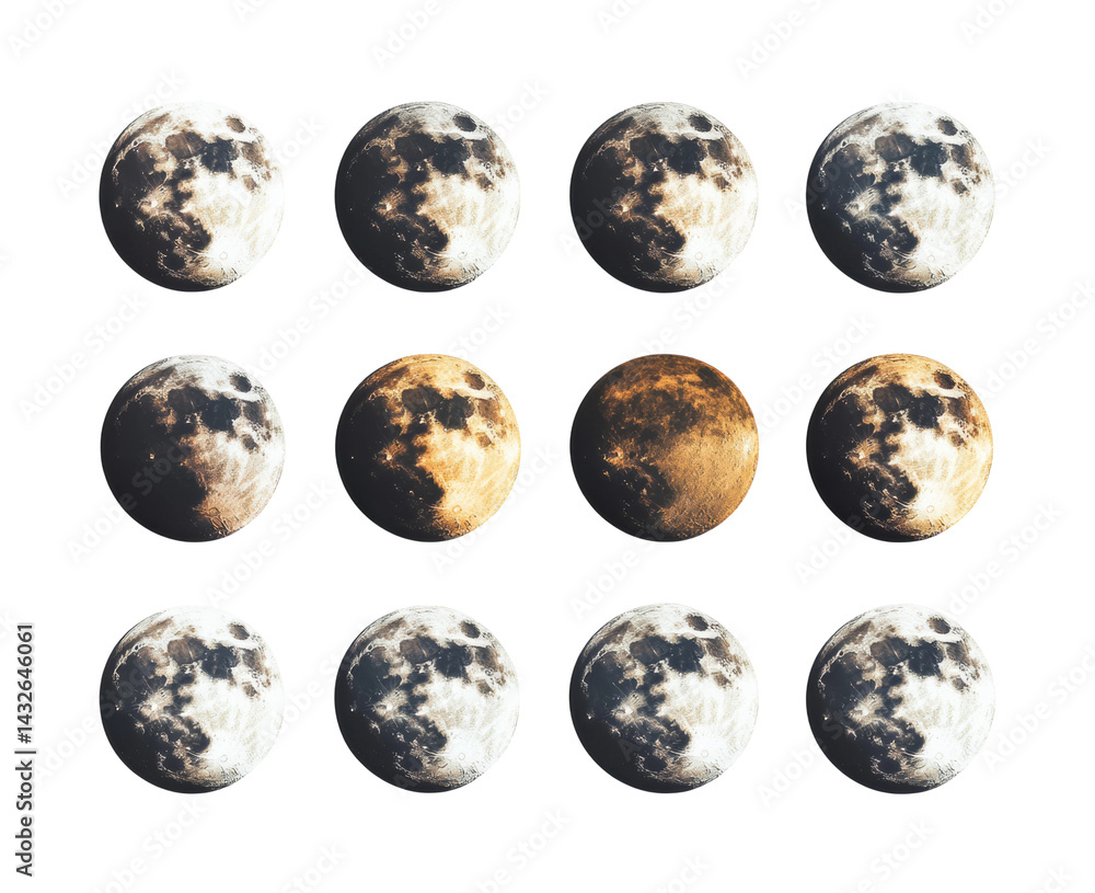 Lunar phases exploration outer space digital cosmic environment aerial view isolated on transparent background Lunar phases exploration outer space digital cosmic environment aerial view isolated on transparent background