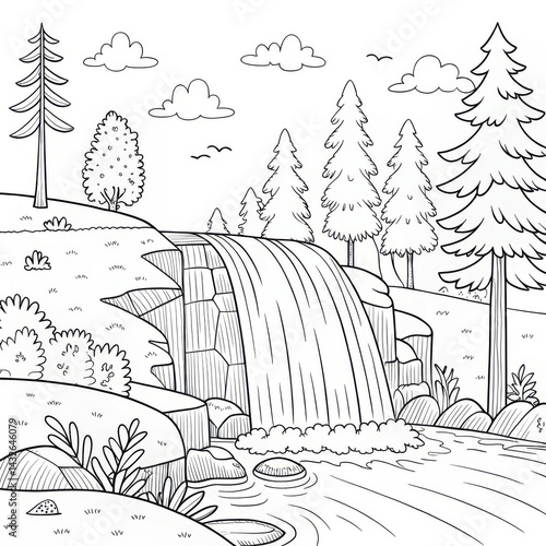 Waterfall adventure in nature landscape drawing tranquil environment serene viewpoint
