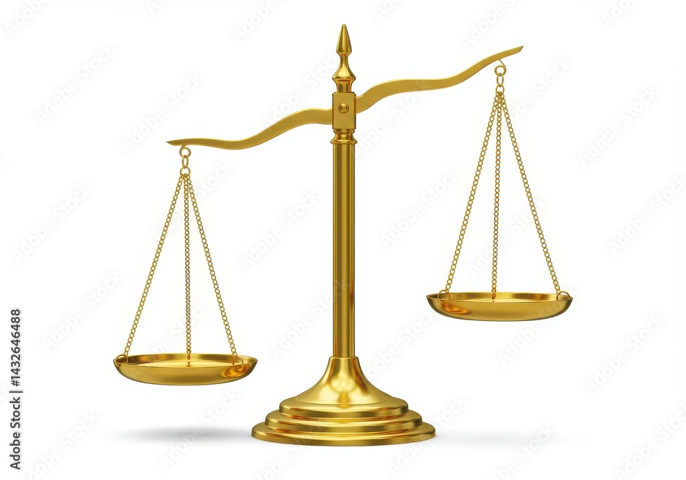 A golden scales of justice with unequal balance on a white background in a studio shot A golden scales of justice with unequal balance on a white background in a studio shot