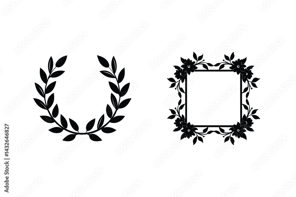 Obraz premium Elegant Black Silhouette Laurel Wreath And Floral Frame Vector Design