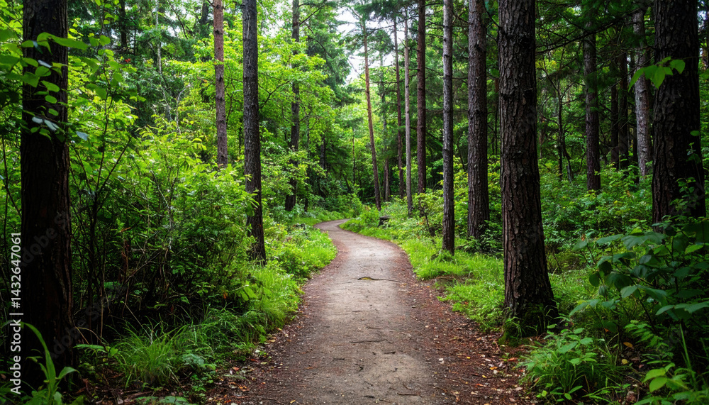 Naklejka premium serene forest path surrounded by lush greenery and tall trees invites exploration and tranquility