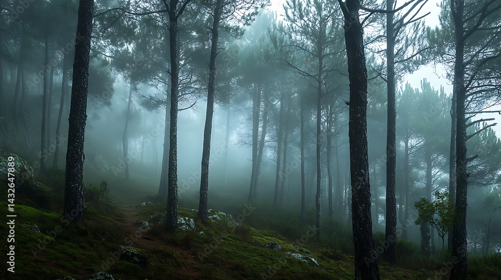 Fototapeta premium Misty Forest Scape, Tall Pines, and Lush Green Mossy Undergrowth in Morning Fog