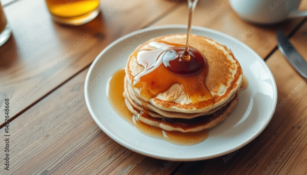 Stacked pancakes, syrup pouring Stacked pancakes, syrup pouring