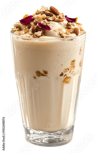 Traditional royal almond milkshake with dry fruits and rose petals on a transparent background