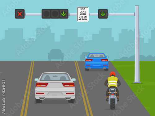 Traffic regulation rules and tips. "Use lane with green arrow" sign area. Back view of a moto rider and cars on a street with lane control traffic signals. Flat vector illustration template.