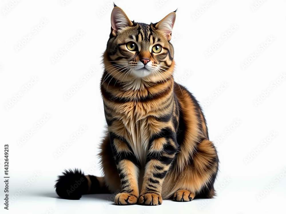 Fototapeta premium The cat is sitting on a white background. The cat has a striped pattern on its fur.