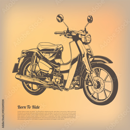 A bold black and white vector of a vintage motorcycle in retro style. Front-side view with clean linework and classic details. Ideal for automotive designs, posters, stickers, and vintage bike themes.