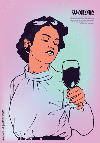 A retro-modern vector illustration featuring an elegant woman observing a glass of wine. Bold line art combined with a pastel gradient background creates a contemporary pop art feel, perfect for poste
