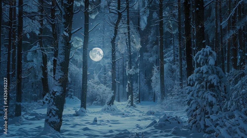 Naklejka premium Enchanted Winter Forest Under Moonlight