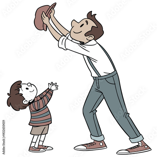 Father and son exchanging a hat