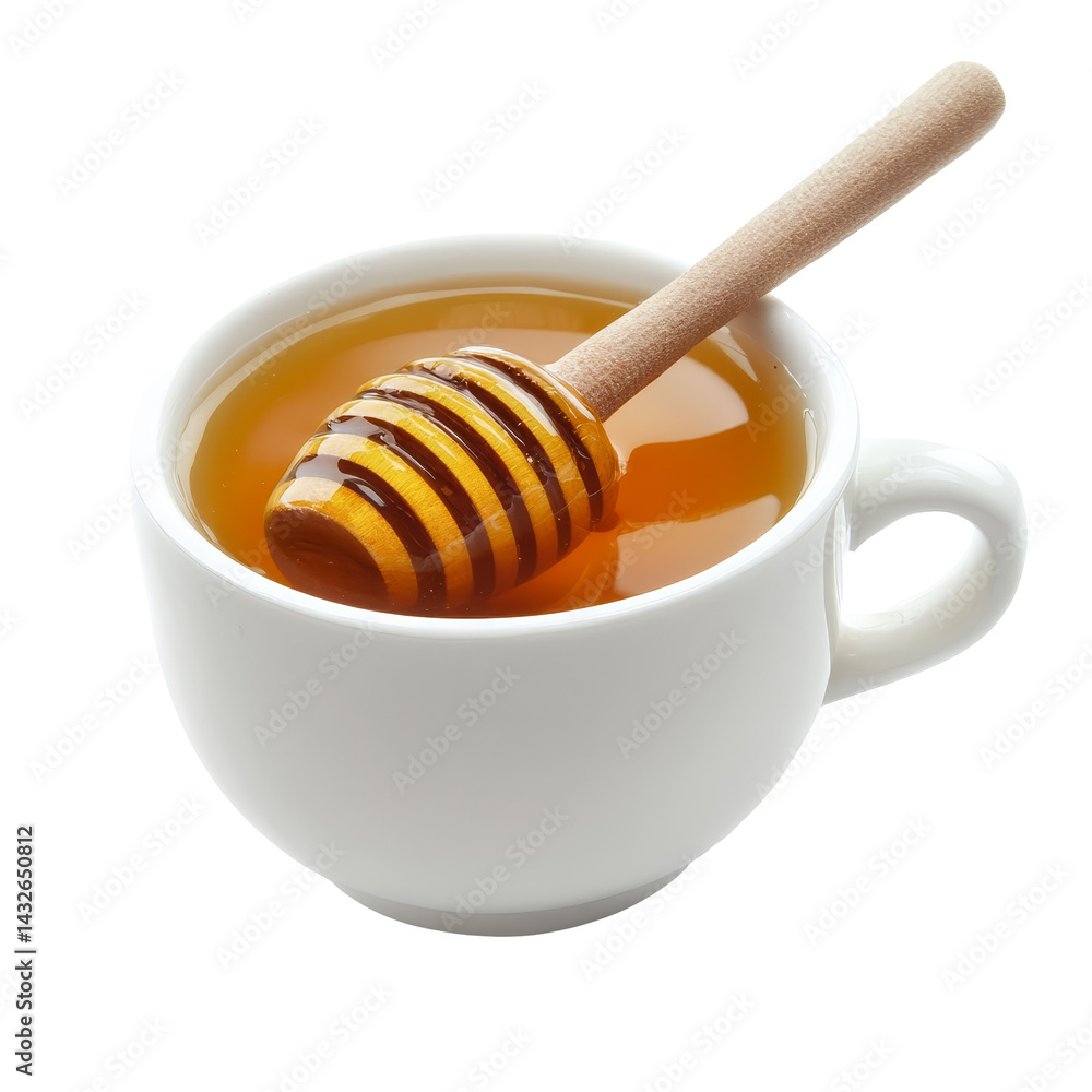 Fresh honey served in a transparent cup with a wooden honey dipper on a clean transparent background, Honey in a cup on transparent background Fresh honey served in a transparent cup with a wooden honey dipper on a clean transparent background, Honey in a cup on transparent background