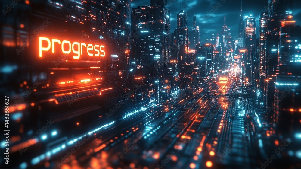 Obraz premium Progress Text in Futuristic Cyber Cityscape/progressテキストと未来的サイバー都市4