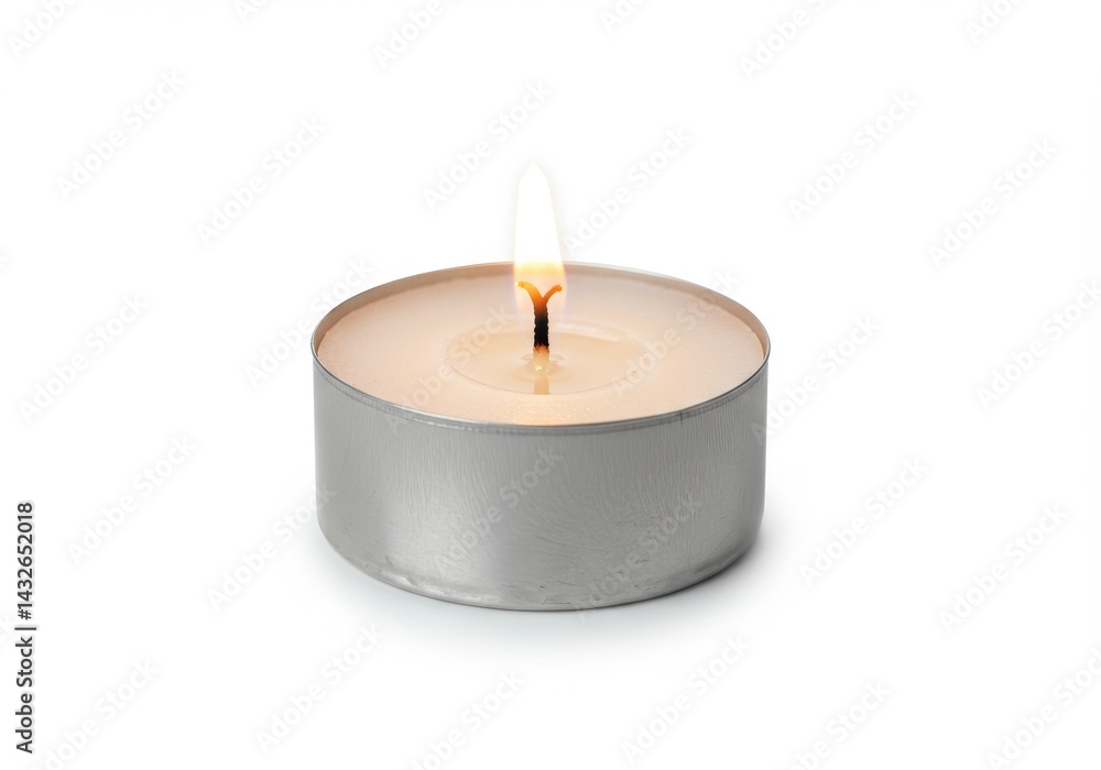 A single lit tea light candle with a metal container on a plain white background in a studio shot A single lit tea light candle with a metal container on a plain white background in a studio shot